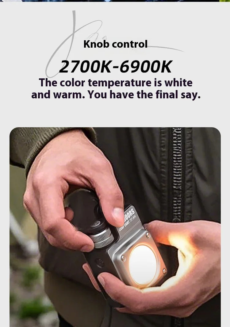 A person holds a compact camera-like light device with a glowing warm white light and a visible silver-and-black rotary knob. Text above reads 'Knob control' and '2700K-6900K' with a note about color temperature.
