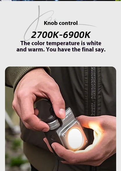 A person holds a compact camera-like light device with a glowing warm white light and a visible silver-and-black rotary knob. Text above reads 'Knob control' and '2700K-6900K' with a note about color temperature.