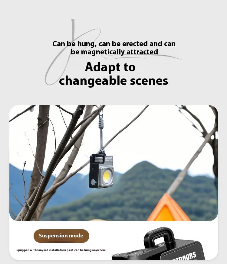 A promotional product graphic for a hanging camping light. The top text says it can be hung, erected, magnetically attracted, and adapted to changeable scenes.