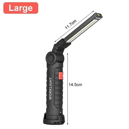 Black worklight with dimensions labeled on a white background