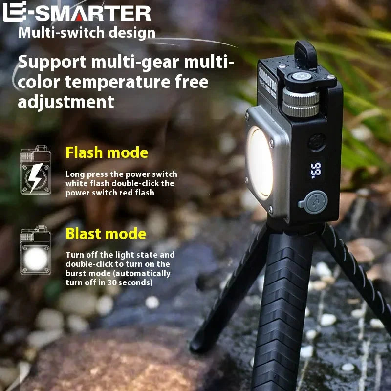 E-SMARTER multi-functional tactical flashlight mounted on a black mini tripod, set against a blurred outdoor background. The image includes text overlays explaining 'Flash mode' and 'Blast mode' with corresponding icons.